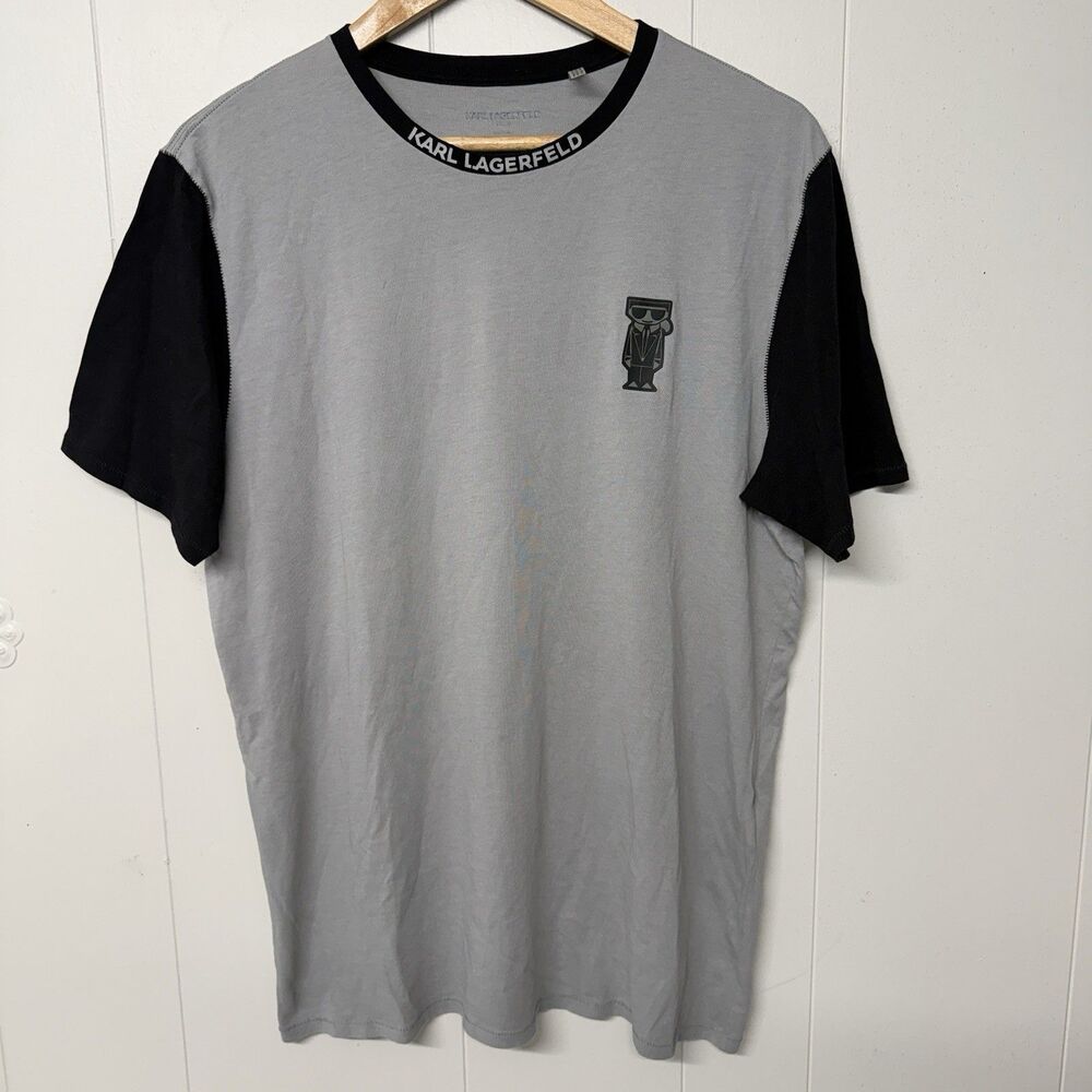 Karl Lagerfeld Paris T-Shirt Gray Black Colorblock Iconic Character Men M EUC